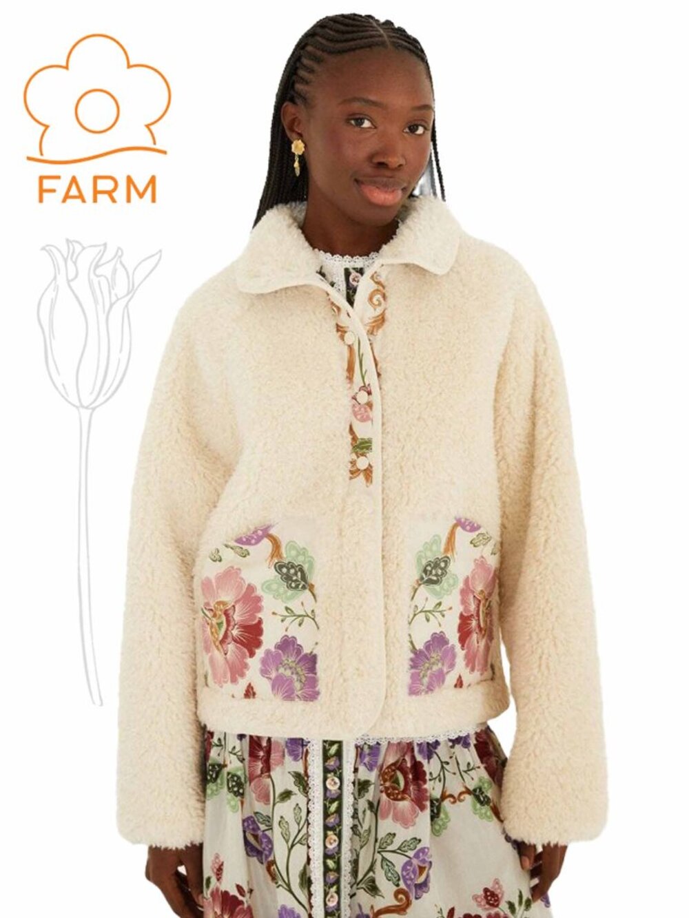 FARM RIO Cream Rococo Flowers Bomber Fleece Jacket